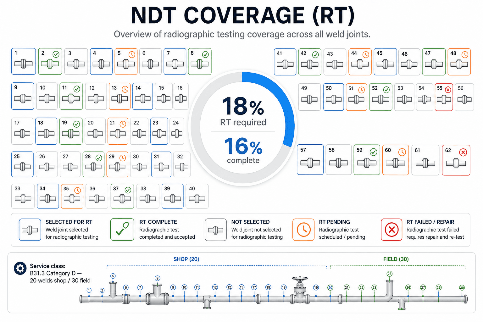 Diagram showing RT coverage percentage across weld joints — required versus complete, with shop and field weld counts