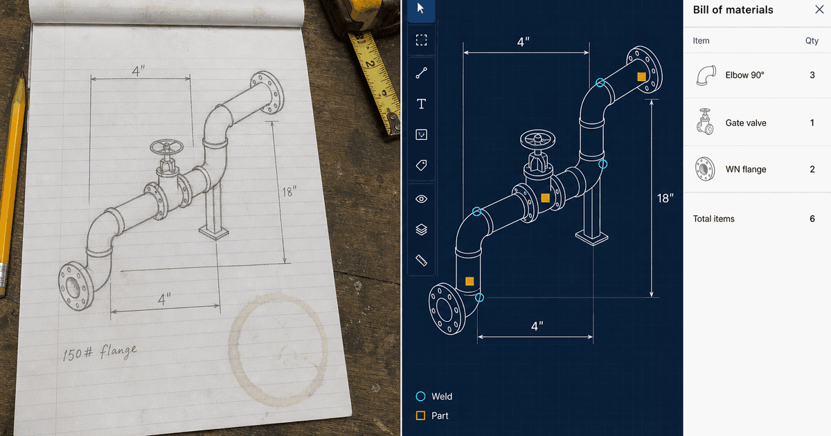 A hand-sketched pipe routing next to the same sketch loaded into MapWeld with weld and part markers and a rolled-up BOM