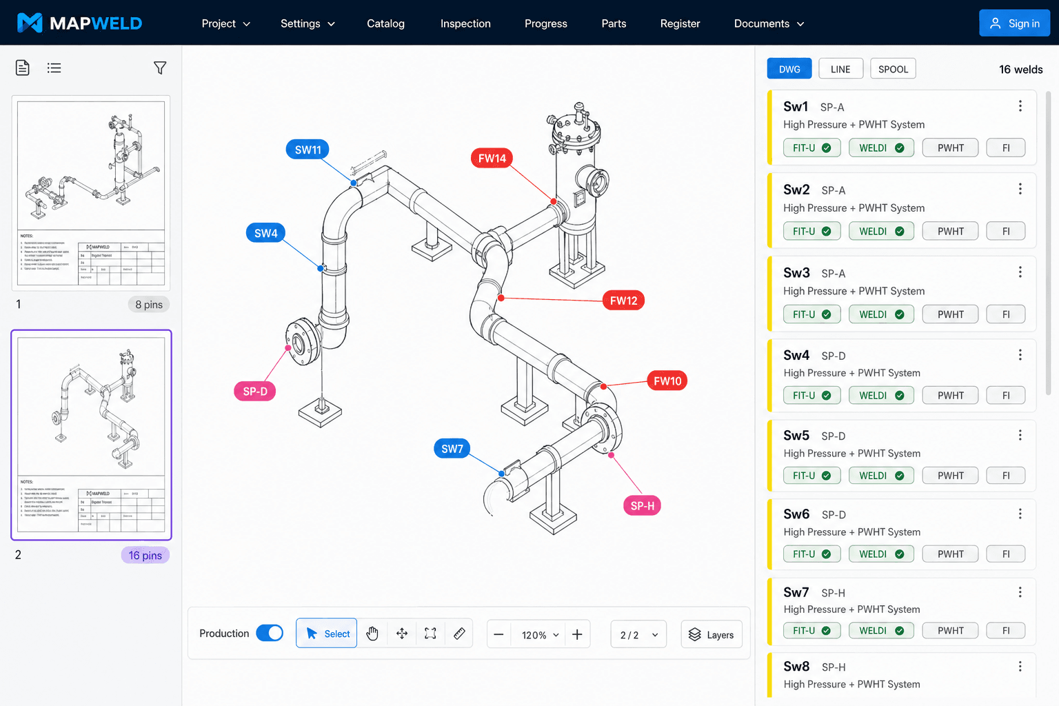 MapWeld workspace — isometric drawing with shop/field weld pins, spool markers, and weld workflow status list (FIT-U, WELDI, PWHT, final inspection)