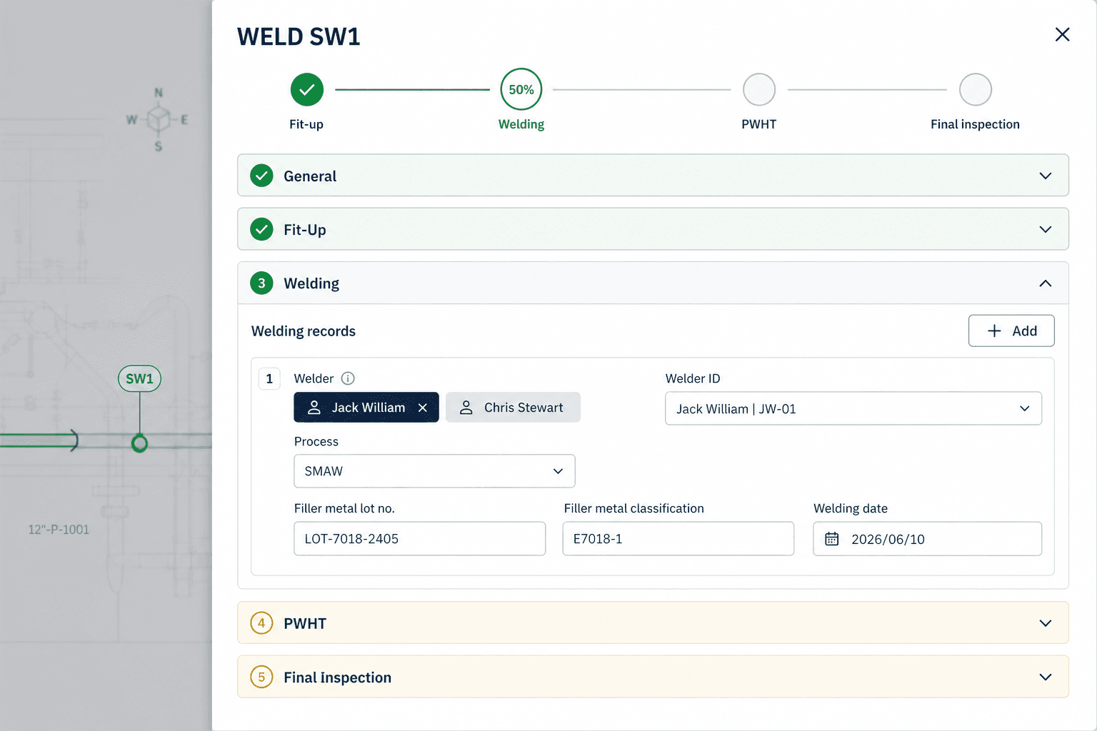 MapWeld weld detail panel — SW1 with fit-up, welding records, welder JW-01, SMAW process, and filler metal lot traceability